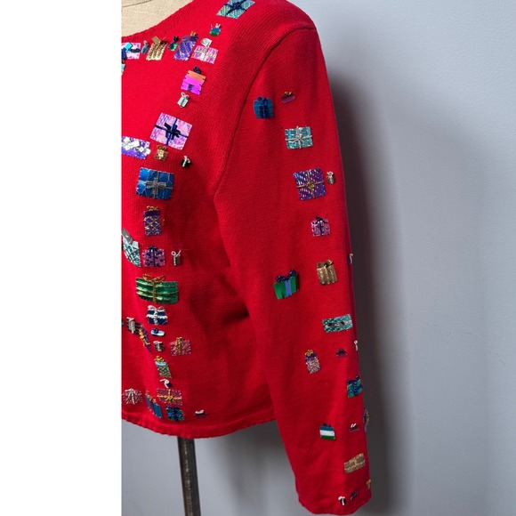 VTG Michael Simon Red Ugly Christmas Cardigan L Sequins Gift Presents Appliques - Picture 4 of 16